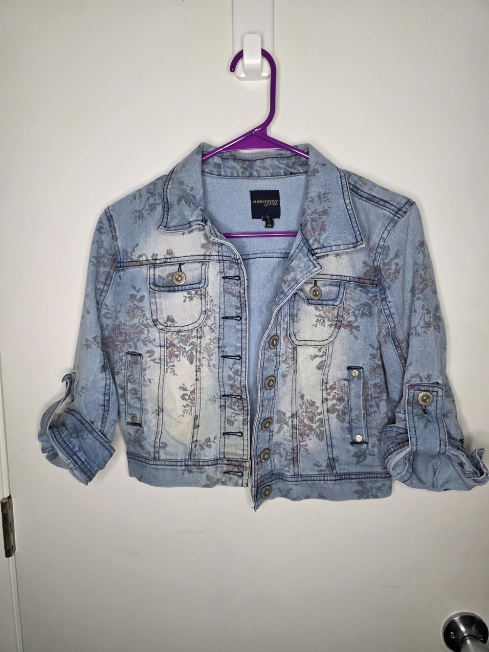 Highway Jeans Light Blue Floral Cropped Denim Jacket-M